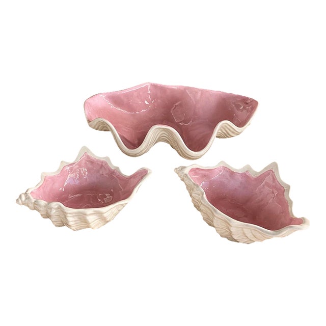 Vintage Pink & Ivory Ceramic Seashell Dish Set of 3 For Sale