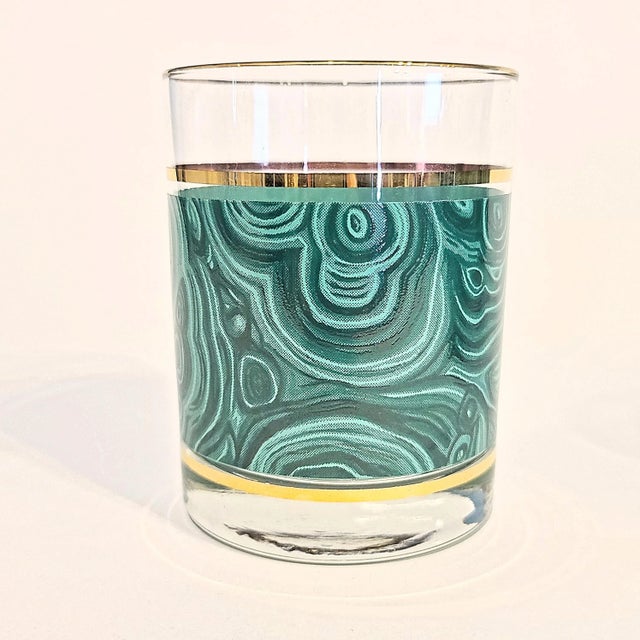 Wonderful set of six vintage Malachite glasses with gold banding. 1970's vintage and produced for department stores such...