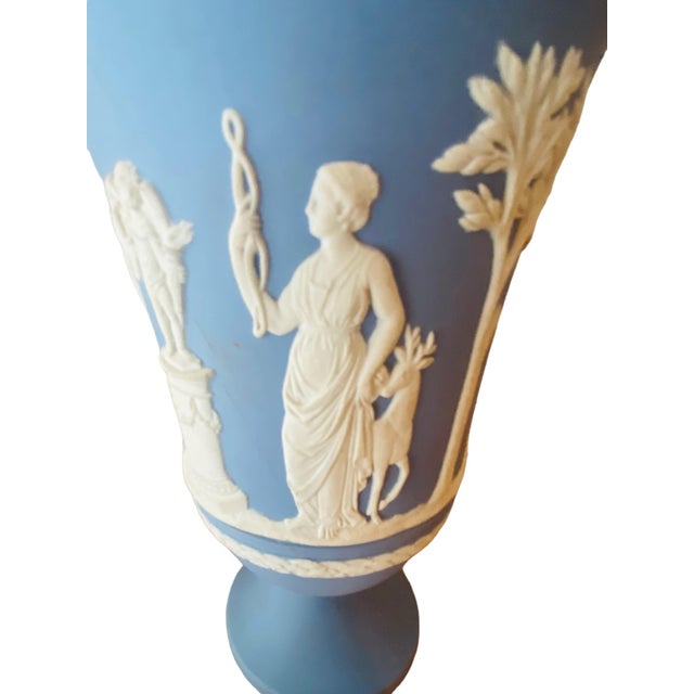 Blue Vintage Wedgwood Blue Jasperware Vase with Sacrifice White Classicsl Figures For Sale - Image 8 of 12