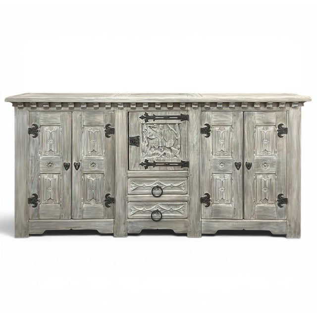 Antique Grand Normandy Rustic Gothic Revival Whitewashed Buffet For Sale - Image 14 of 14