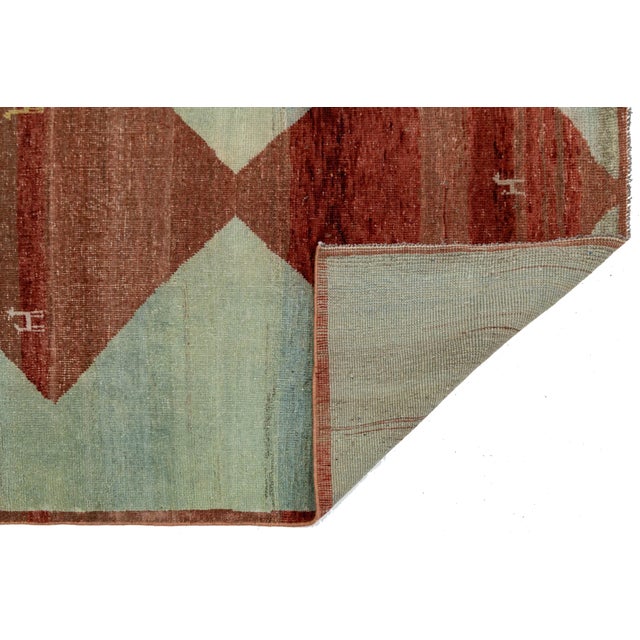 5x5 Modern Hand-Knotted Gabbeh Rug - Tribal Animal & Diamond Motif - Sky Blue For Sale - Image 4 of 8