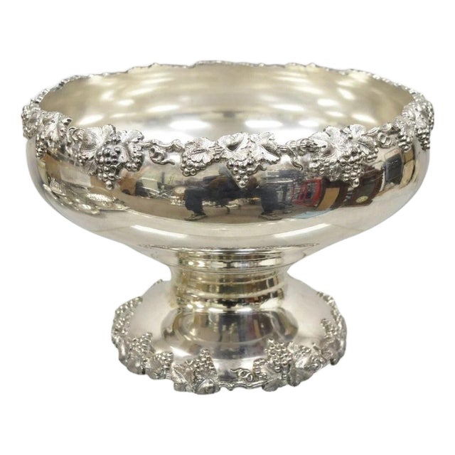 Vintage English Victorian Silver Plated Grapevine Pedestal Base Punch Bowl For Sale