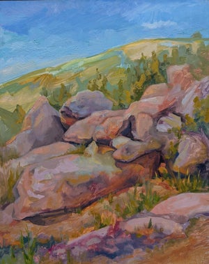 Rocks Tumbling by Charis Carmichael Braun | Oil on panel Landscape with rocks and trees.