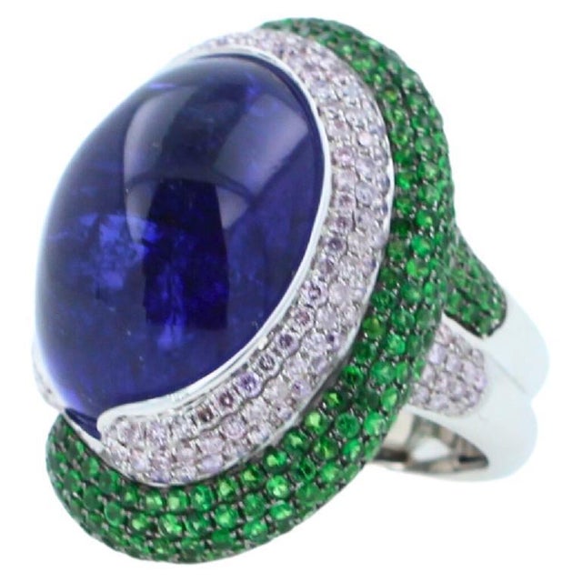 Blue Tanzanite Oval Cabochon Diamonds Tsavorites Pave 18k White Gold Unique Ring, Size 7 For Sale In Washington DC - Image 6 of 18