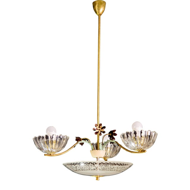 Italian Midcentury Art Decò Murano Glass and Brass Chandelier, 1950s For Sale