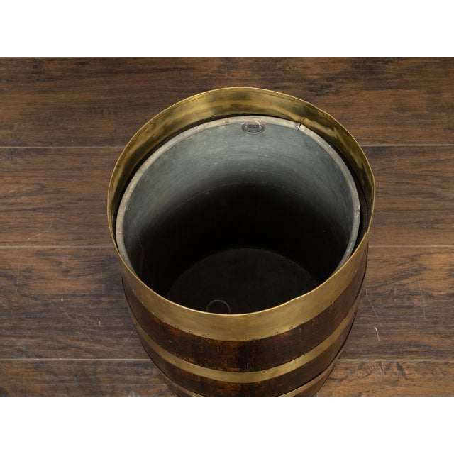 Wood English Turn of the Century Oak Barrel with Brass Braces, circa 1900 For Sale - Image 7 of 10