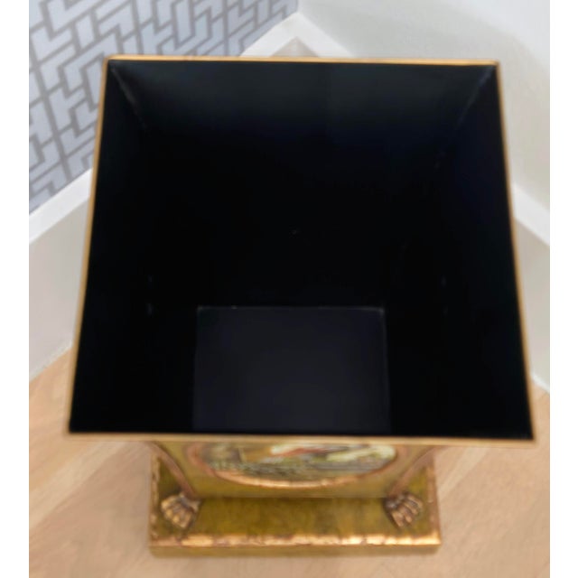Gold Vintage Castilian Imports Regency Tole Cachepot With Crane & Monkey Medallion, Lion Head Handles For Sale - Image 8 of 10