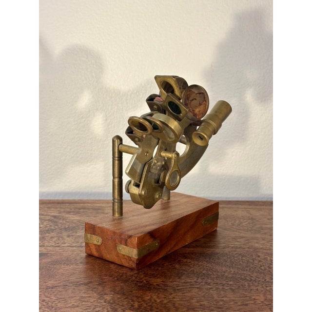 Campaign Antique Brass Nautical Sextant on Hardwood Display Stand, Maritime Instrument For Sale - Image 3 of 6