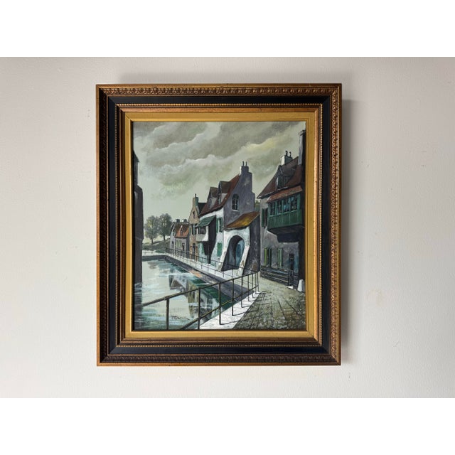 Mid-Century Modern 1960’s Frank European Town Landscape Scene Oil on Canvas Painting, Framed For Sale - Image 3 of 11