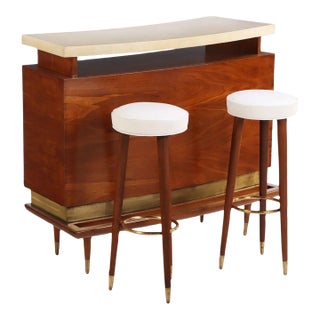 Mid Century Mahogany and Parchment Bar and Stool Set, Brass Details For Sale