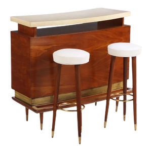 Mid Century Mahogany and Parchment Bar and Stool Set, Brass Details
