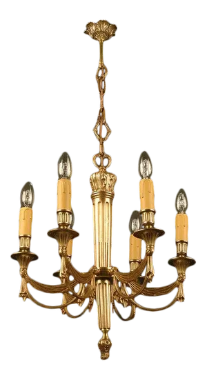 C1930's French 2nd Empire Style Gilt Bronze Drapery Swag Chandelier Maison Bagues