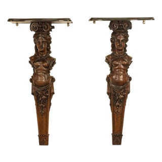 Antique 19thC Italian Carved Walnut Renaissance Revival Pair Caryatid Brackets, Circa 1850 For Sale