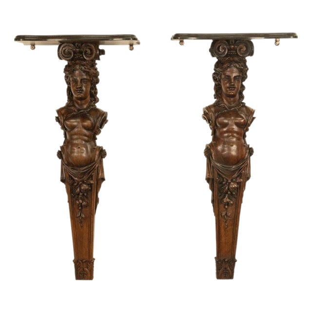 Antique 19thC Italian Carved Walnut Renaissance Revival Pair Caryatid Brackets, Circa 1850 For Sale