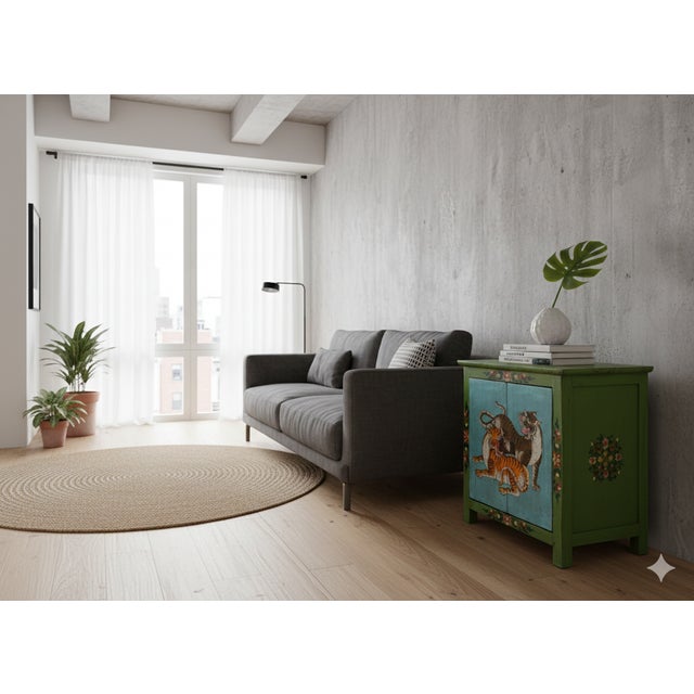 Wood Tibetan Style Lime Green Blue Two Tigers End Table Nightstand For Sale - Image 7 of 12