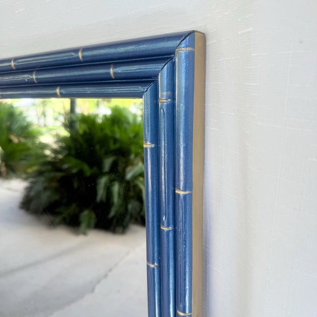 Blue Vintage Faux Bamboo Wall Mirror in Metallic Blue With Gilt Accents – Newly Paintd For Sale - Image 8 of 12