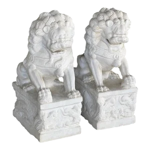 Pair of 1920s Chinese Carved Marble Foo Dogs/Lions