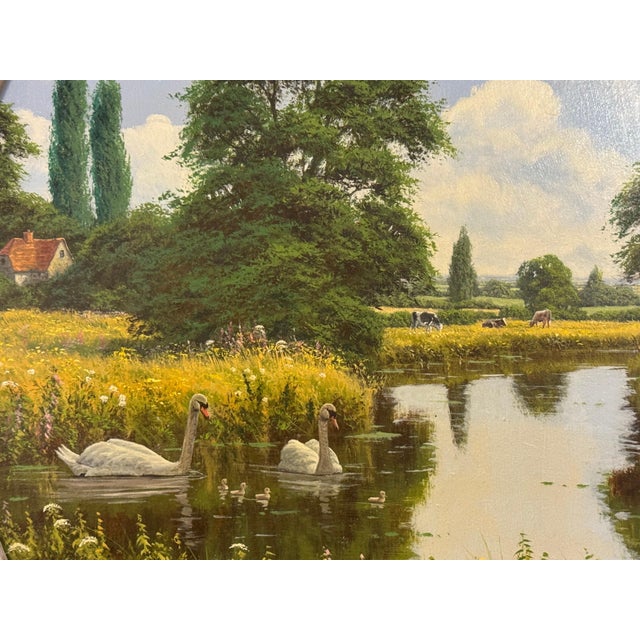 Forest Green Pair - Ornately framed Oval English River Flower Scenes with Swans, Cows, Sheep 1990 (Circa) For Sale - Image 8 of 16