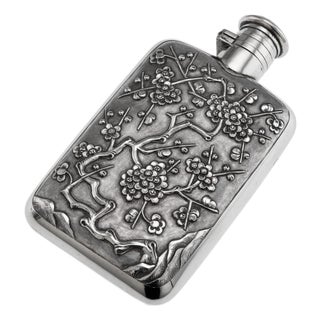Antique Japanese Export Silver Cherry Blossom Hip Flask, 19th Century For Sale