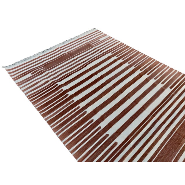 Textile Handmade Cotton Natural Vegetable Dyed Flat Weave Reversible Tan and White Striped Rug - 8'x10' For Sale - Image 7 of 11