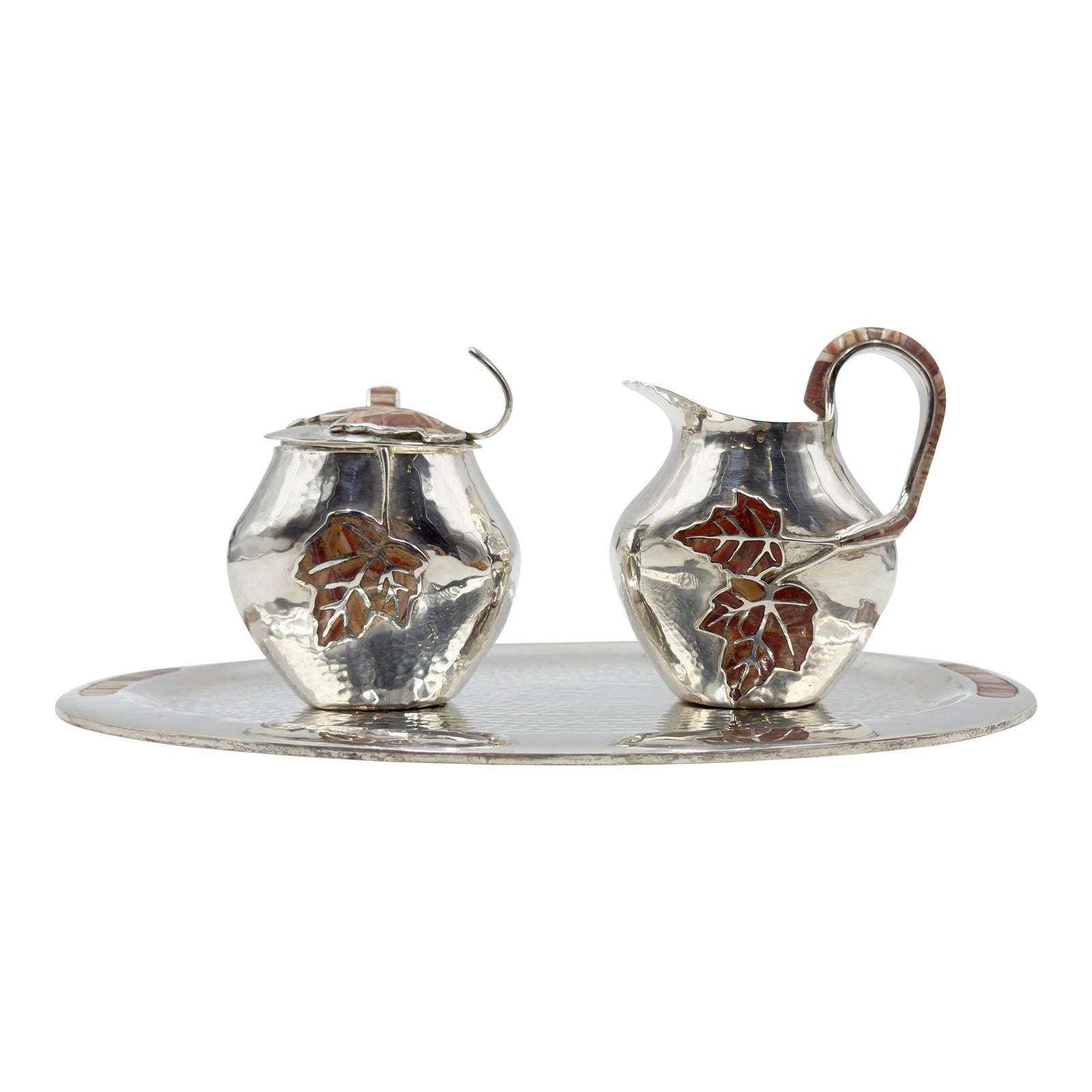 1980s Emilia Castillo Silver Plate Tea Set With Jasper Inlay