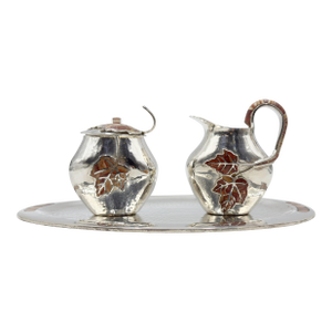 1980s Emilia Castillo Silver Plate Tea Set With Jasper Inlay, Signed Mexican Modernist- 4 Pieces