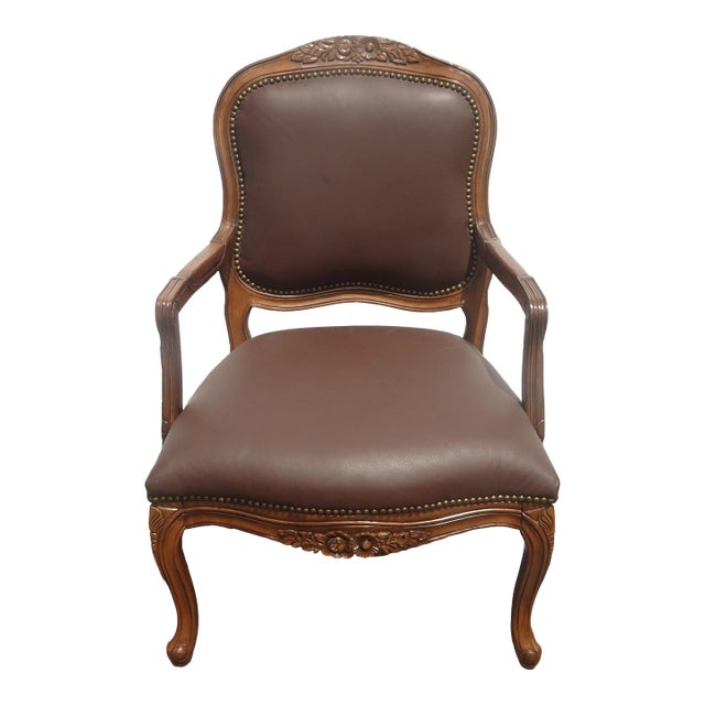 Vintage French Provincial Louis XV Style Brown Bergere Chair For Sale
