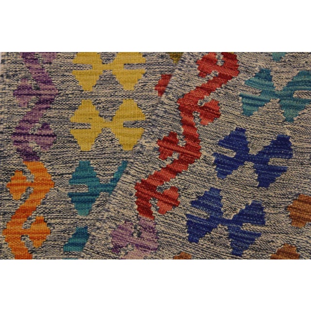Boho Chic Kilim Beige Blue Hand Woven Rug For Sale - Image 3 of 7
