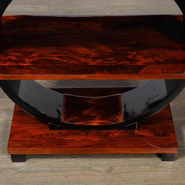 Art Deco Machine Age 3-Tier Walnut Side Table W/ Black Lacquer Round Support For Sale - Image 14 of 14