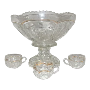 Antique Eapg Pattern " Peerless" Gold Accent Punch Bowl & Stand- 5 Pieces