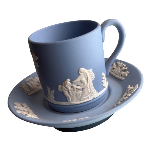 Vintage Wedgwood Blue Jasperware Demitasse Cup and Saucer Set For Sale