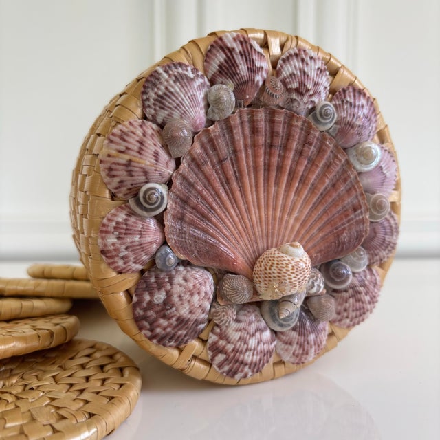 Vintage Coastal Round Sea Shell Basket With 5 Coasters with Seashell Catchall Basket - 6 pcs For Sale - Image 4 of 8