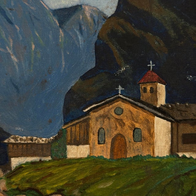 Blue Vintage Original Alpine Village Landscape Oil Painting For Sale - Image 8 of 11