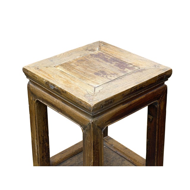 Wood Vintage Patina Square Slim Wood Pedestal Display Stand Side Table For Sale - Image 7 of 9
