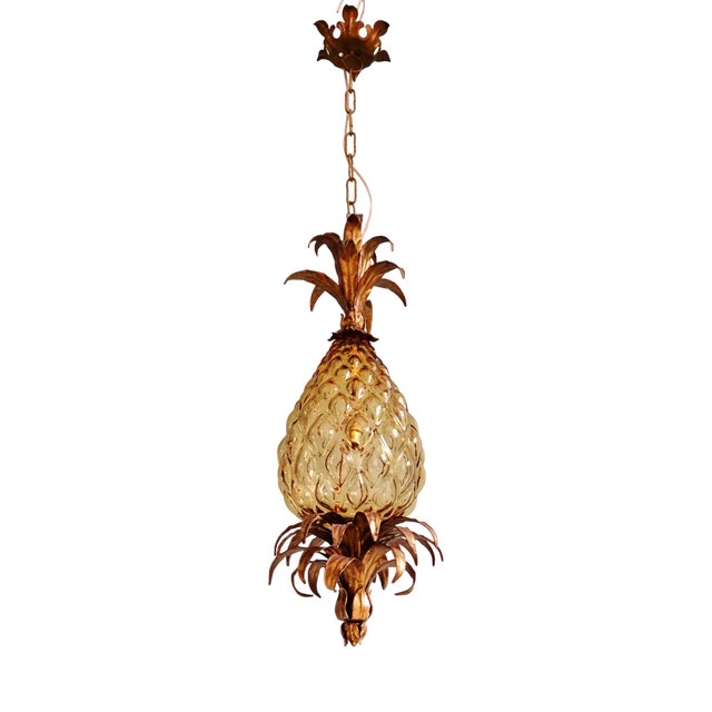 Pineapple Pendant Light in Gold Metal and Amber Glass, Italy, 1960 For Sale