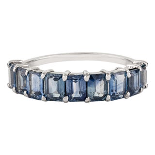 Stackable 2.26Ct Square Cut Blue Sapphire Half Eternity Band Ring Size 7 in 14k White Gold For Sale