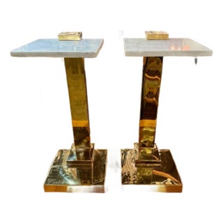 Pair of Modern Brass and Marble Drink Tables For Sale