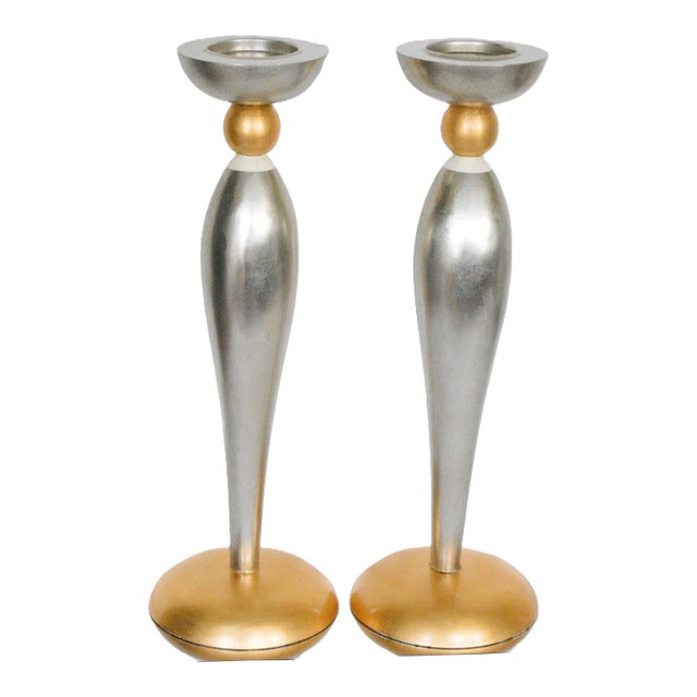 Leeazanne Lam Lee Group Attribute Silver & Gold Metallic Tall Pillar Candle Holders- A Pair For Sale
