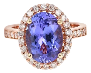 5.38 Carat Tanzanite Diamond Halo 14 Karat Rose Gold Ring, Size 7