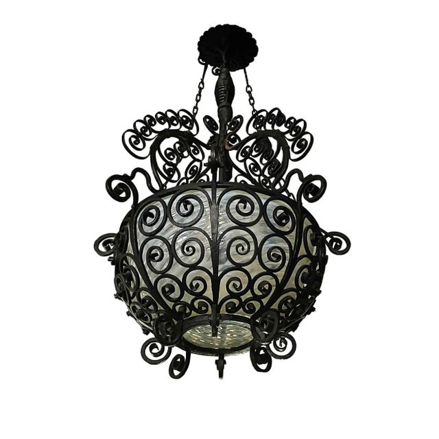 Hanging Lantern - Wrought Iron With Opalescent Art Glass Shade For Sale - Image 4 of 4