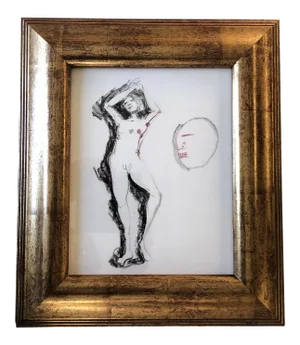 Original Vintage Male Nude Abstract Charcoal Study Drawing Gilt Frame 1970’s