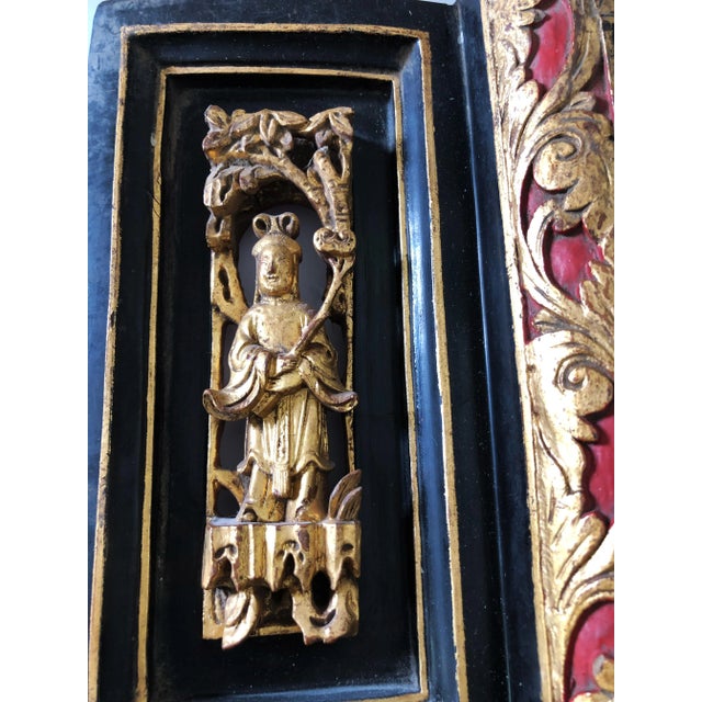 Wood Antique Asian Lacquer Wood Carved Buddha Wall Hanging For Sale - Image 7 of 8