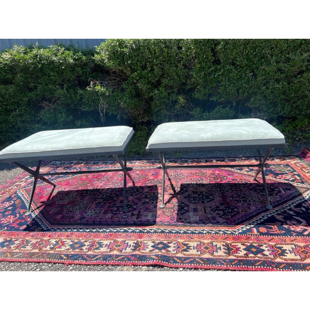 Vintage Iron X Base Blue Suede Benches - a Pair For Sale - Image 9 of 10