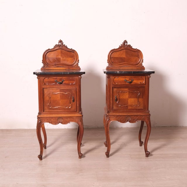Louis XV Style Bedside Tables with Marble Tops, 1940s, Set of 2 For Sale - Image 3 of 18