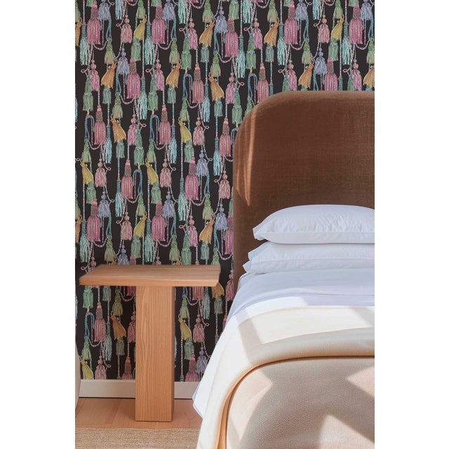 Black Tassel Trellis Grasscloth Wallpaper by House Party | Black Lacquer | 8 Yards For Sale - Image 8 of 8