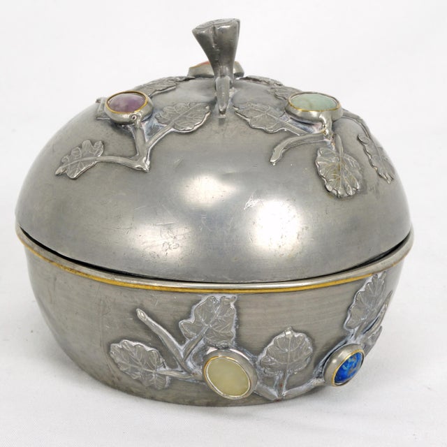 Chinese Antique Chinese Pewter Jeweled Lidded Bowl With Gemstones Republic Period For Sale - Image 3 of 13