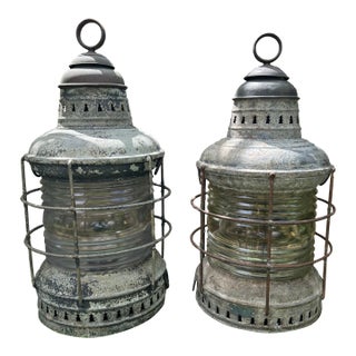 Vintage Pair Perko Galvanized Steel Uss Missouri Battleship Anchor Lights – Clear Lens – Circa 1940 For Sale
