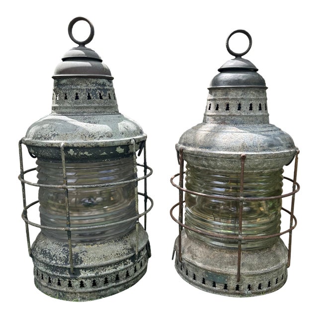Vintage Pair Perko Galvanized Steel Uss Missouri Battleship Anchor Lights – Clear Lens – Circa 1940 For Sale