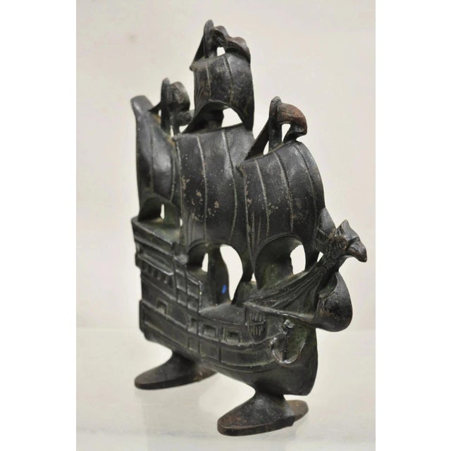 Metal Antique Victorian 1930 Creation Co Cast Iron Figural Painted Ship Boat Door Stop For Sale - Image 7 of 11
