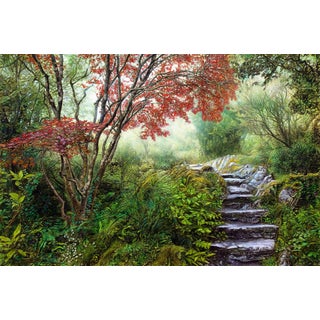 The Long Way Home by Thane Gorek | Gouache and oil on canvas Landscape with stone steps and trees For Sale